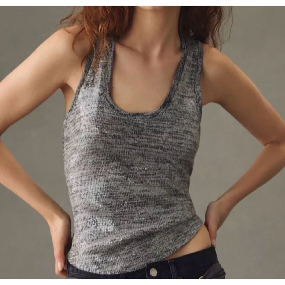 NEW ANTHROPOLOGIE Grey Sequin Scoopneck Tank